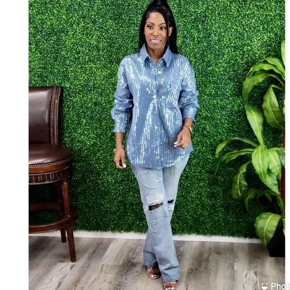 Denim Sequin Blouse - Picture 3 of 7